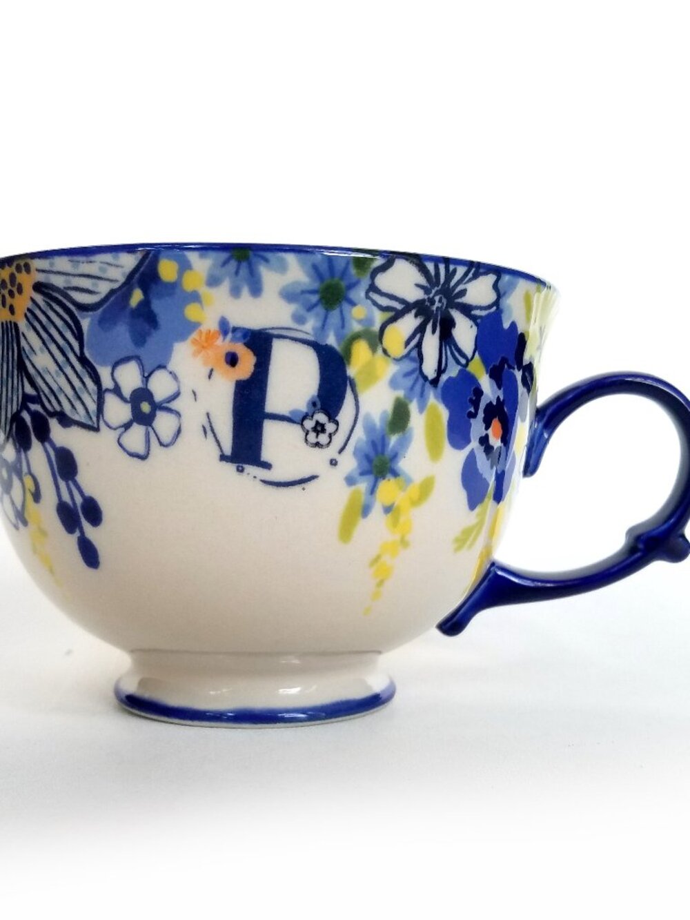 Anthropologie Teatime Monogram P Blue Floral Pedestal Mug